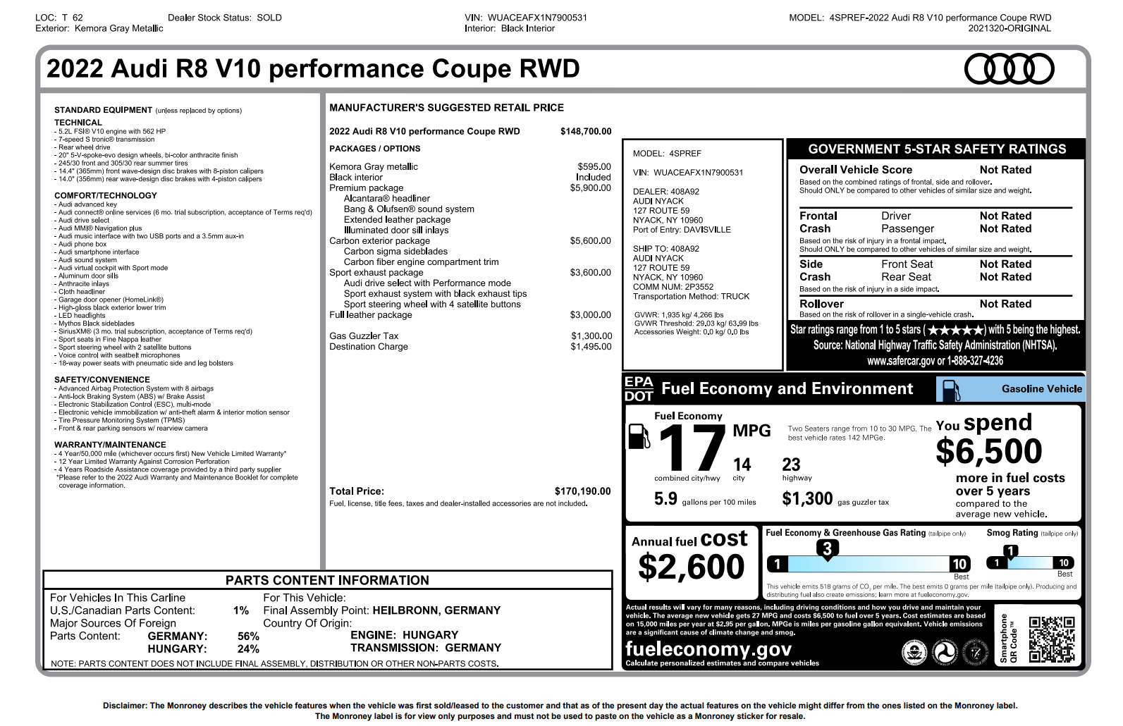 2022 Audi R8 5.2 V10 Performance 2D Coupe